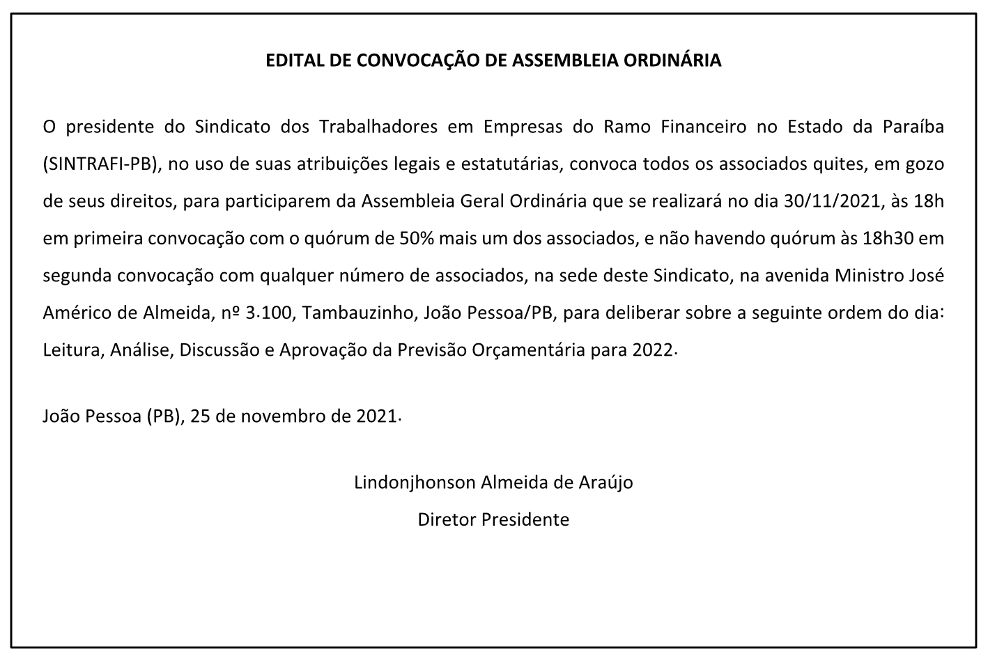 SINTRAFI-PB – EDITAL DE CONVOCAÇÃO DE ASSEMBLEIA ORDINÁRIA