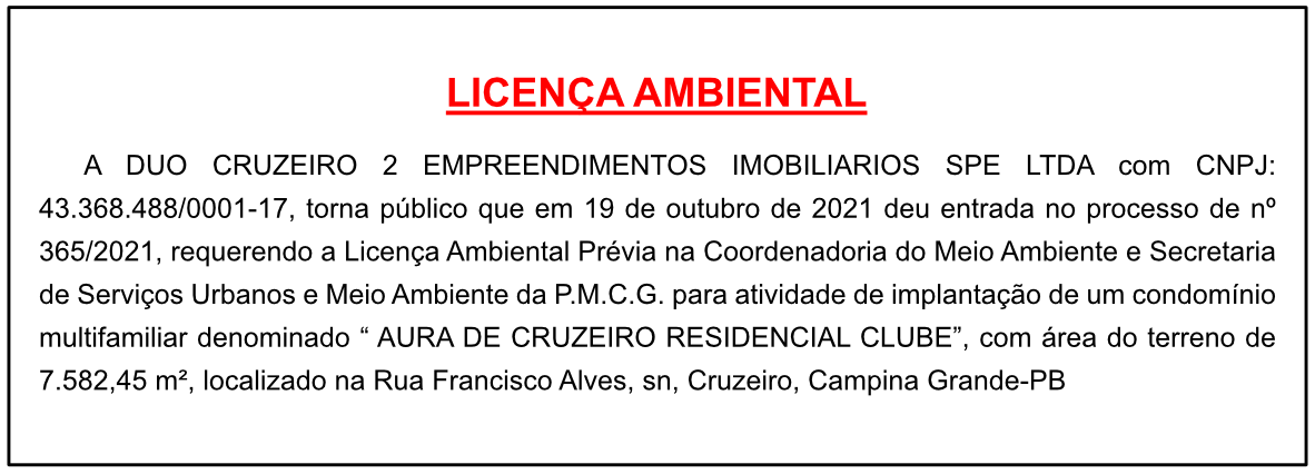 Duo Cruzeiro 2 Empreendimentos Imobiliários SPE Ltda – Licença Ambiental