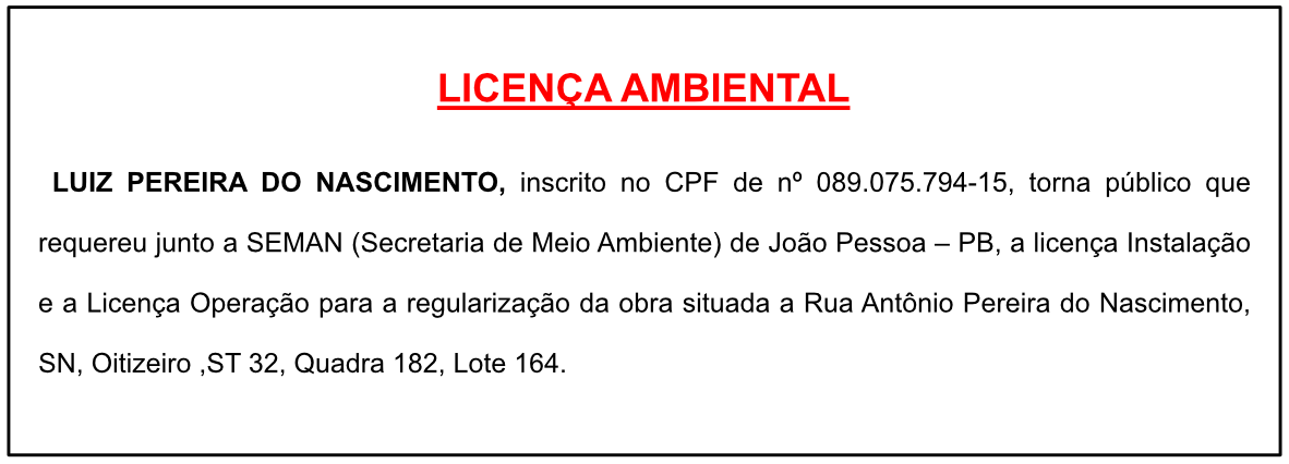 LUIZ PEREIRA DO NASCIMENTO – LICENÇA AMBIENTAL