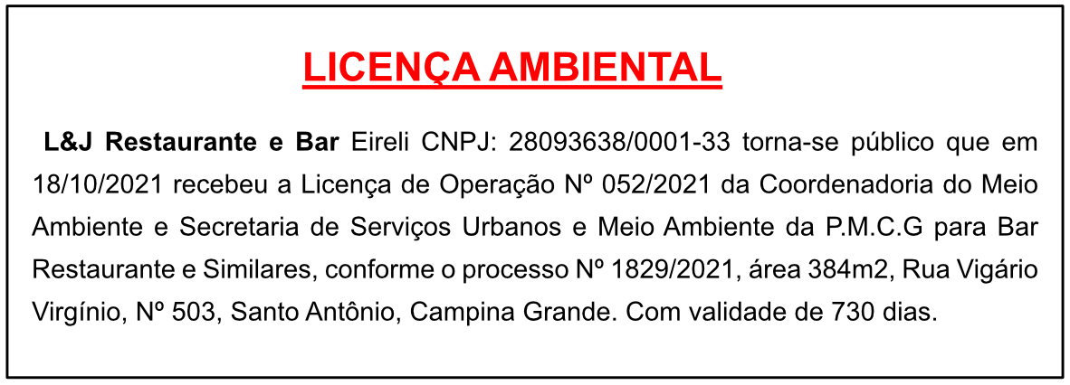 L&J Restaurante e Bar – Licença Ambiental