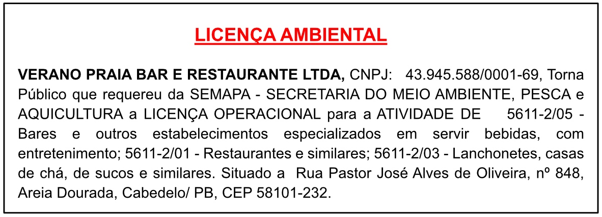 VERANO PRAIA BAR E RESTAURANTE – LICENÇA AMBIENTAL