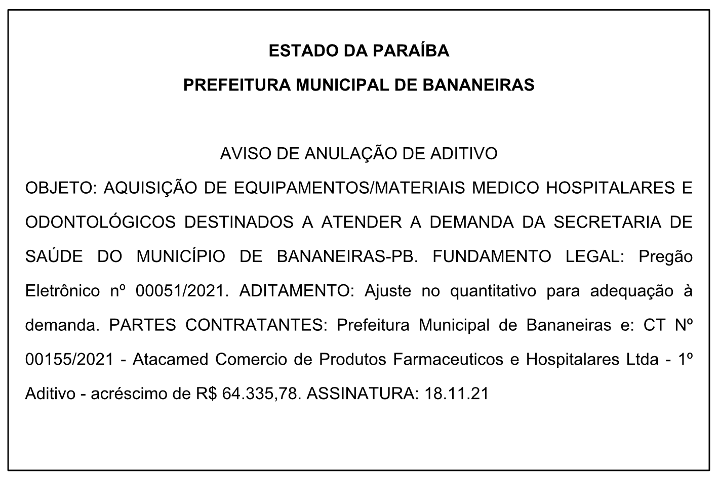PREFEITURA MUNICIPAL DE BANANEIRAS – AVISO DE ANULAÇÃO DE ADITIVO