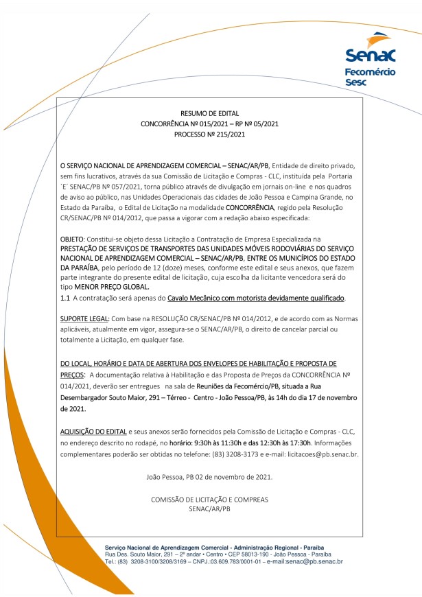 SENAC – RESUMO DE EDITAL – CONCORRÊNCIA Nº 015/2021 – RP No 05/2021 PROCESSO No 215/2021