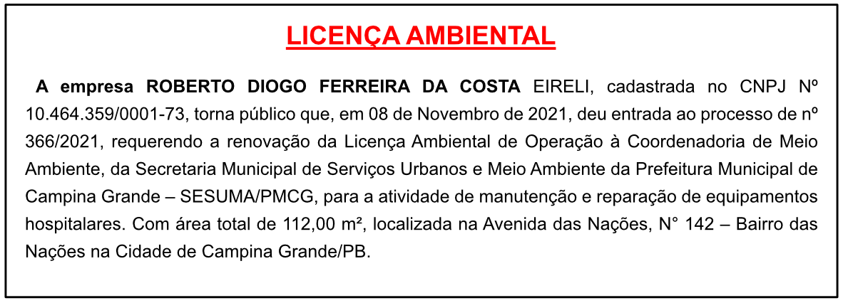 Roberto Diogo Ferreira da Costa – Licença Ambiental