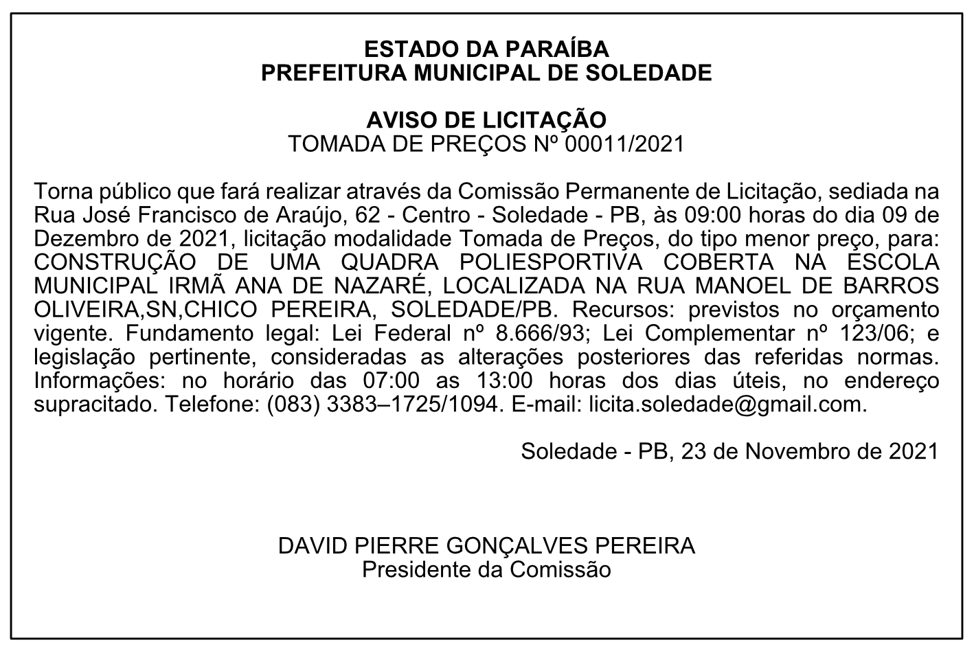 PREFEITURA MUNICIPAL DE SOLEDADE – AVISO DE LICITAÇÃO – TOMADA DE PREÇOS Nº 00011/2021