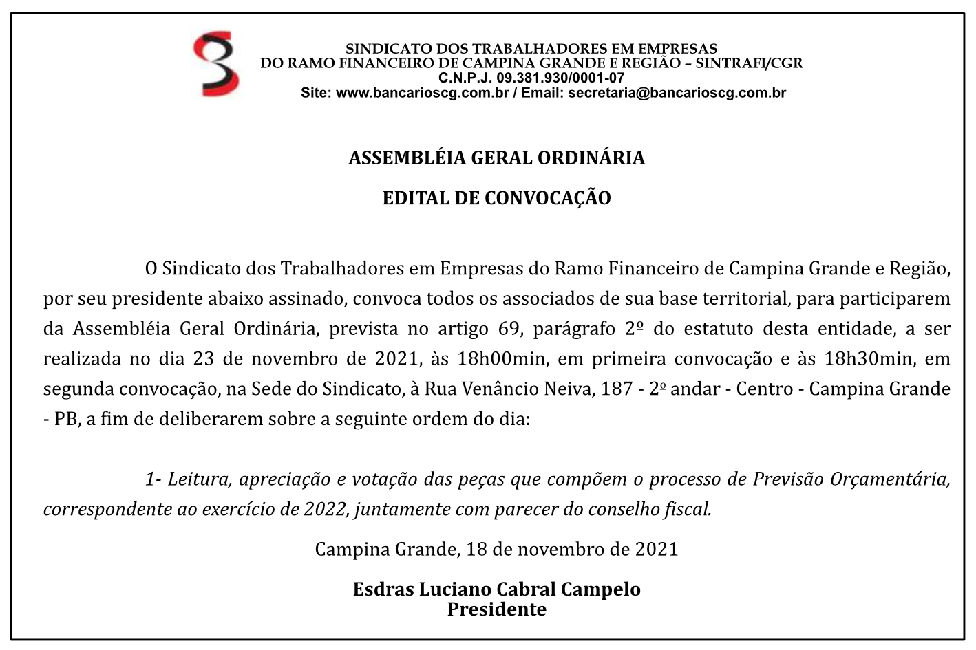 SINTRAFI/CGR – ASSEMBLÉIA GERAL ORDINÁRIA – EDITAL DE CONVOCAÇÃO
