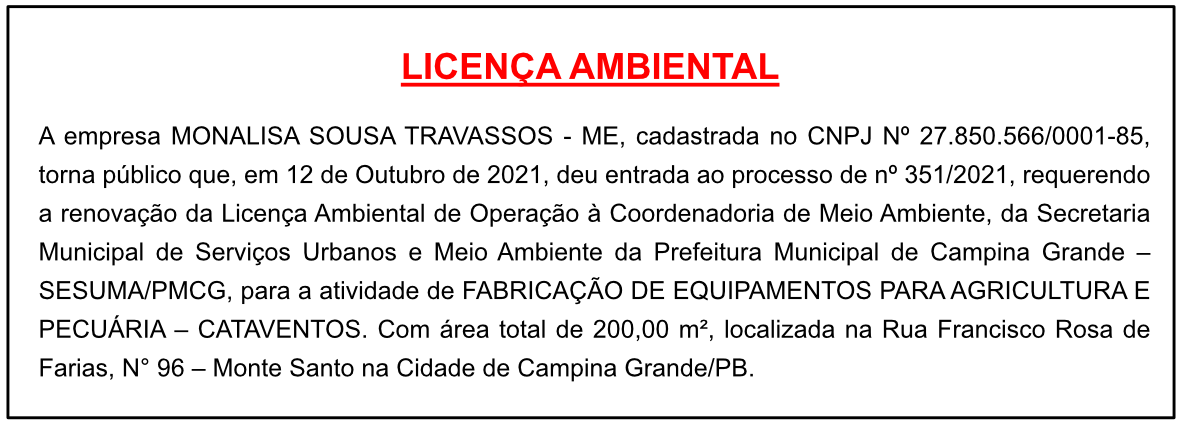 MONALISA SOUSA TRAVASSOS – Licença de Operação