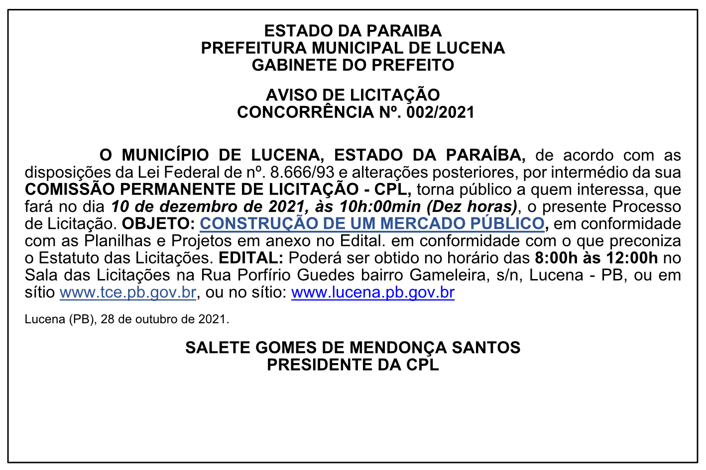 PREFEITURA MUNICIPAL DE LUCENA – GABINETE DO PREFEITO – AVISO DE LICITAÇÃO – CONCORRÊNCIA Nº. 002/2021