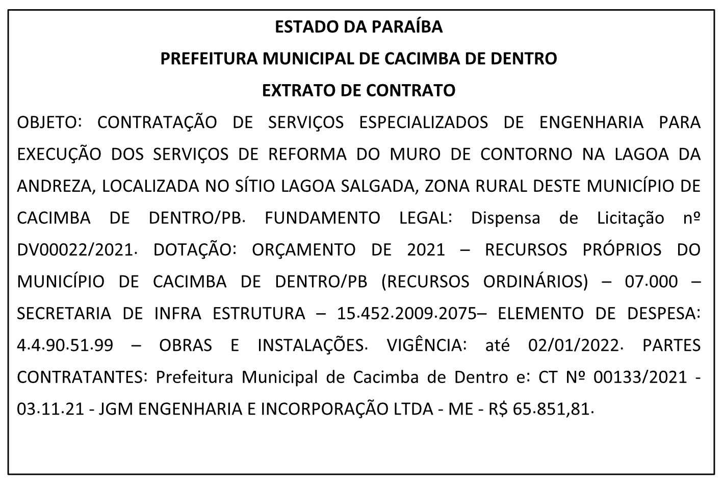 PREFEITURA MUNICIPAL DE CACIMBA DE DENTRO – EXTRATO DE CONTRATO