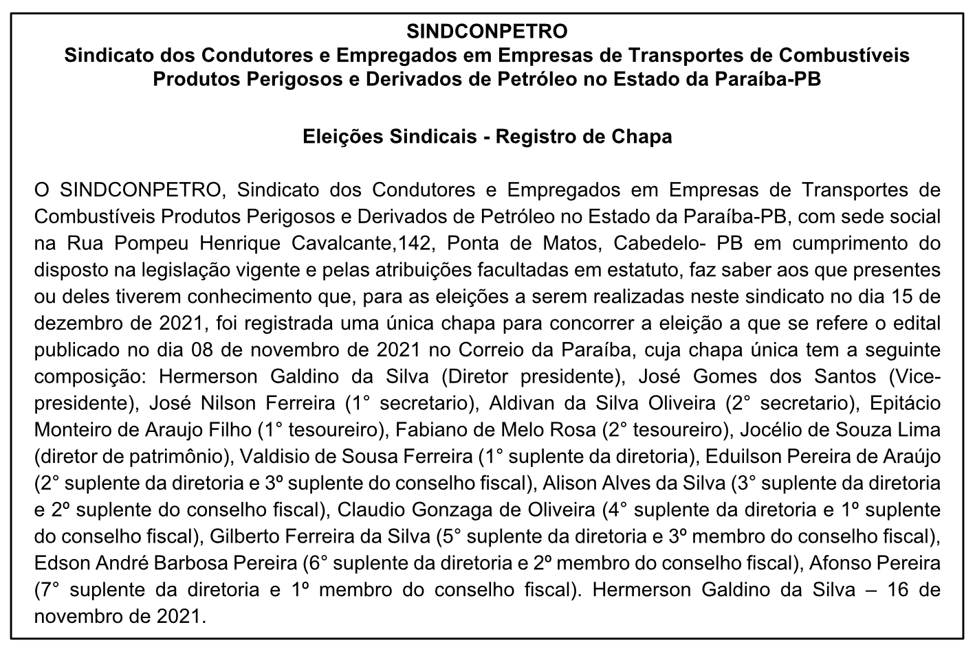 SINDCONPETRO – Eleições Sindicais – Registro de Chapa