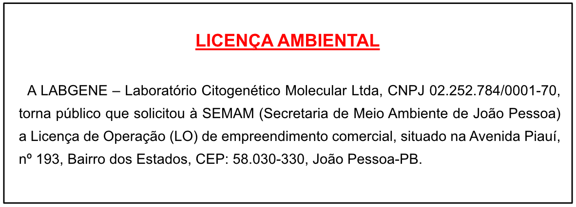 LABGENE – Laboratório Citogenético Molecular – Licença de Operação