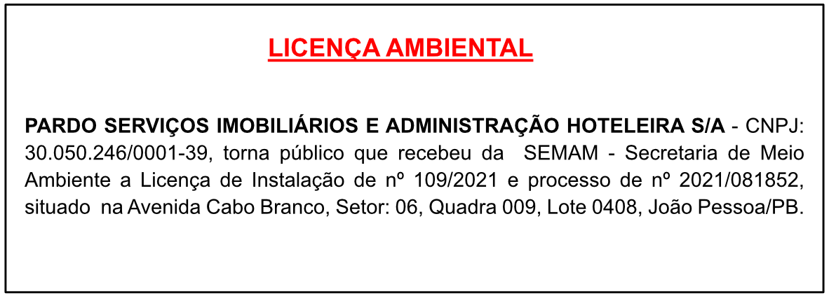 PARDO SERVIÇOS IMOBILIÁRIOS E ADMINISTRAÇÃO HOTELEIRA – LICENÇA AMBIENTAL