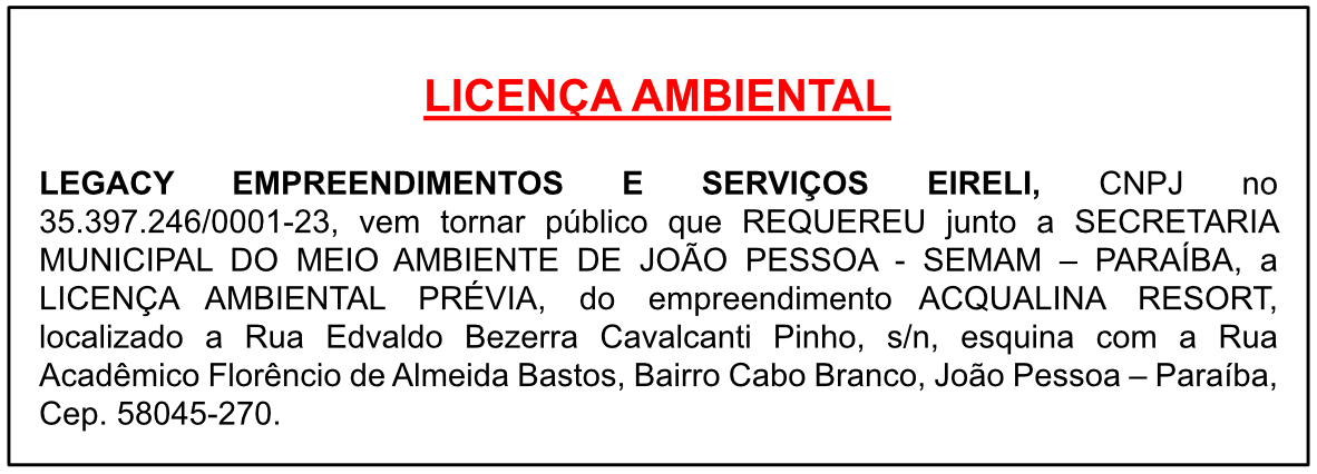 LEGACY EMPREENDIMENTOS E SERVIÇOS EIRELI – LICENÇA AMBIENTAL