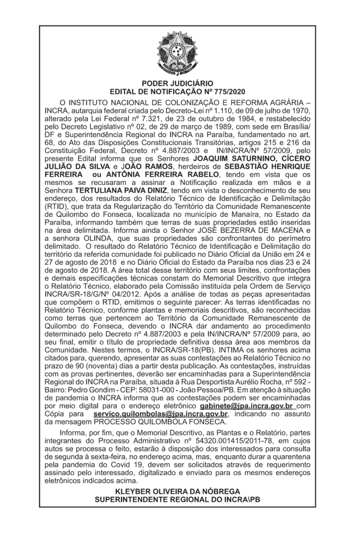 PODER JUDICIÁRIO – EDITAL DE NOTIFICAÇÃO Nº 775/2020