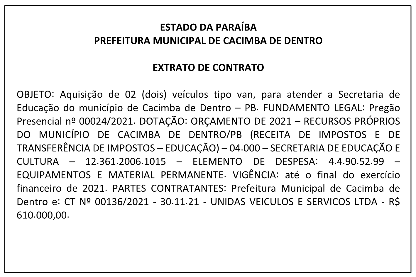 PREFEITURA MUNICIPAL DE CACIMBA DE DENTRO – EXTRATO DE CONTRATO