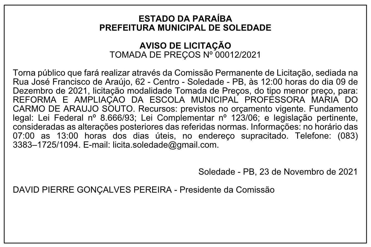 PREFEITURA MUNICIPAL DE SOLEDADE – AVISO DE LICITAÇÃO – TOMADA DE PREÇOS Nº 00012/2021