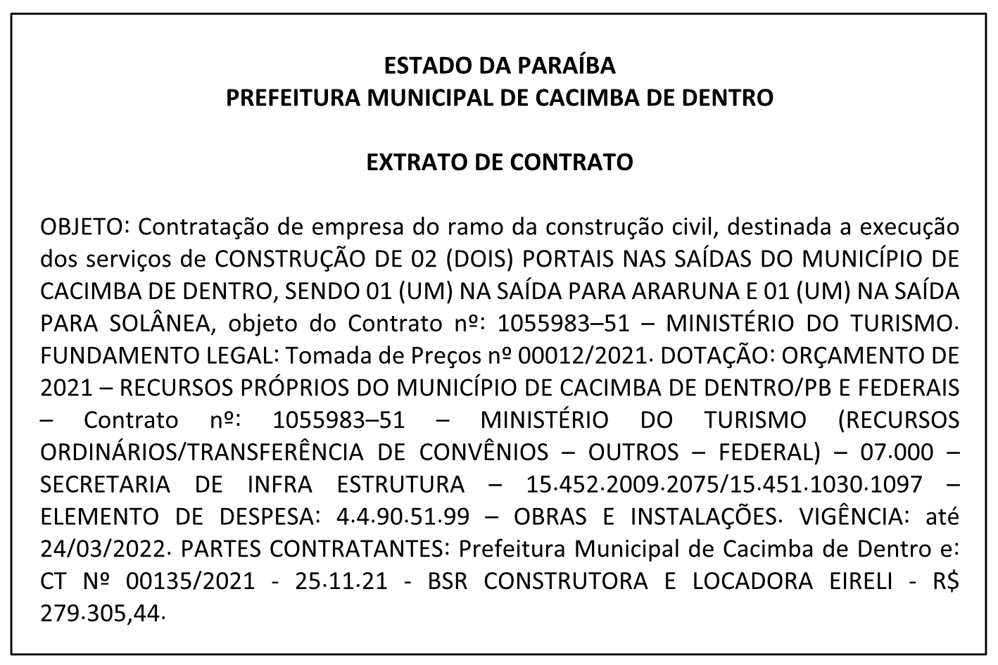 PREFEITURA MUNICIPAL DE CACIMBA DE DENTRO – EXTRATO DE CONTRATO