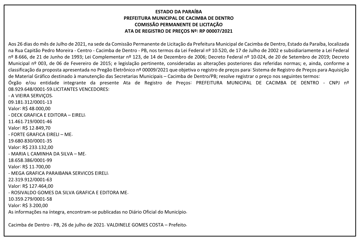 PREFEITURA MUNICIPAL DE CACIMBA DE DENTRO – COMISSÃO PERMANENTE DE LICITAÇÃO – ATA DE REGISTRO DE PREÇOS Nº RP 00007/2021