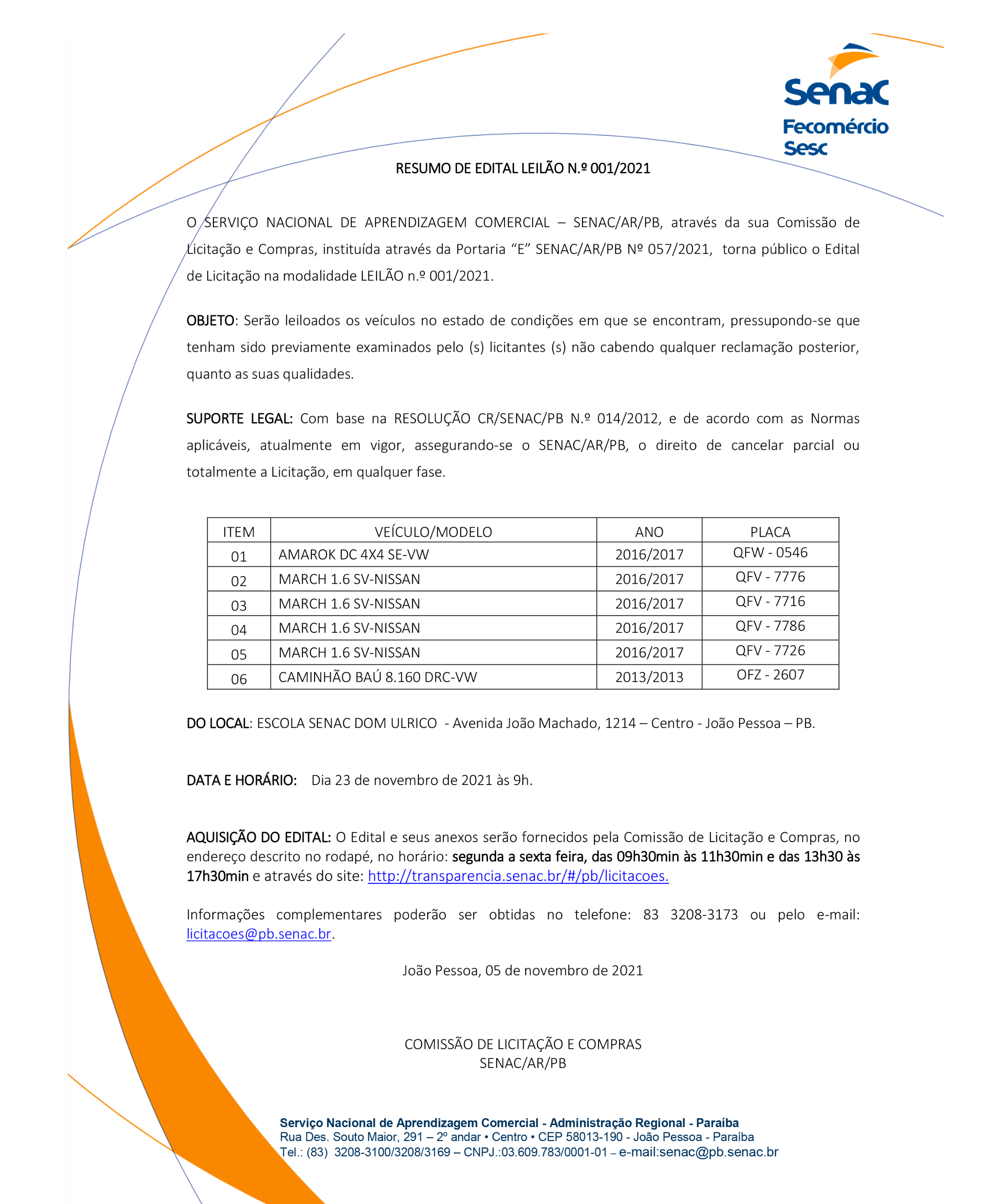 SENAC -RESUMO DE EDITAL LEILÃO N.o 001/2021