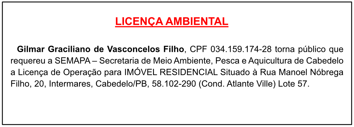 Gilmar Graciliano de Vasconcelos Filho – Licença Ambiental
