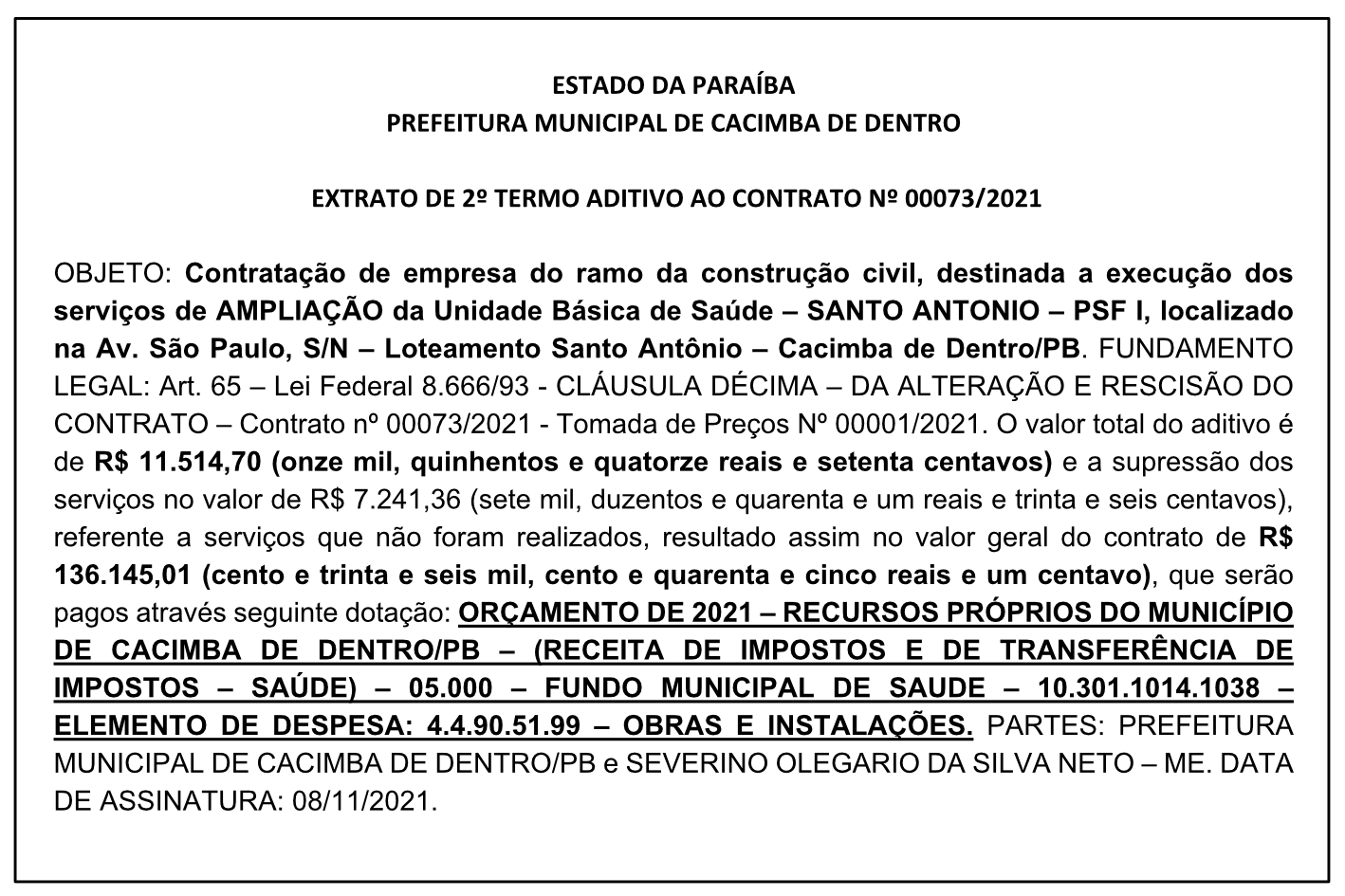 PREFEITURA MUNICIPAL DE CACIMBA DE DENTRO – EXTRATO DE 2º TERMO ADITIVO AO CONTRATO Nº 00073/2021