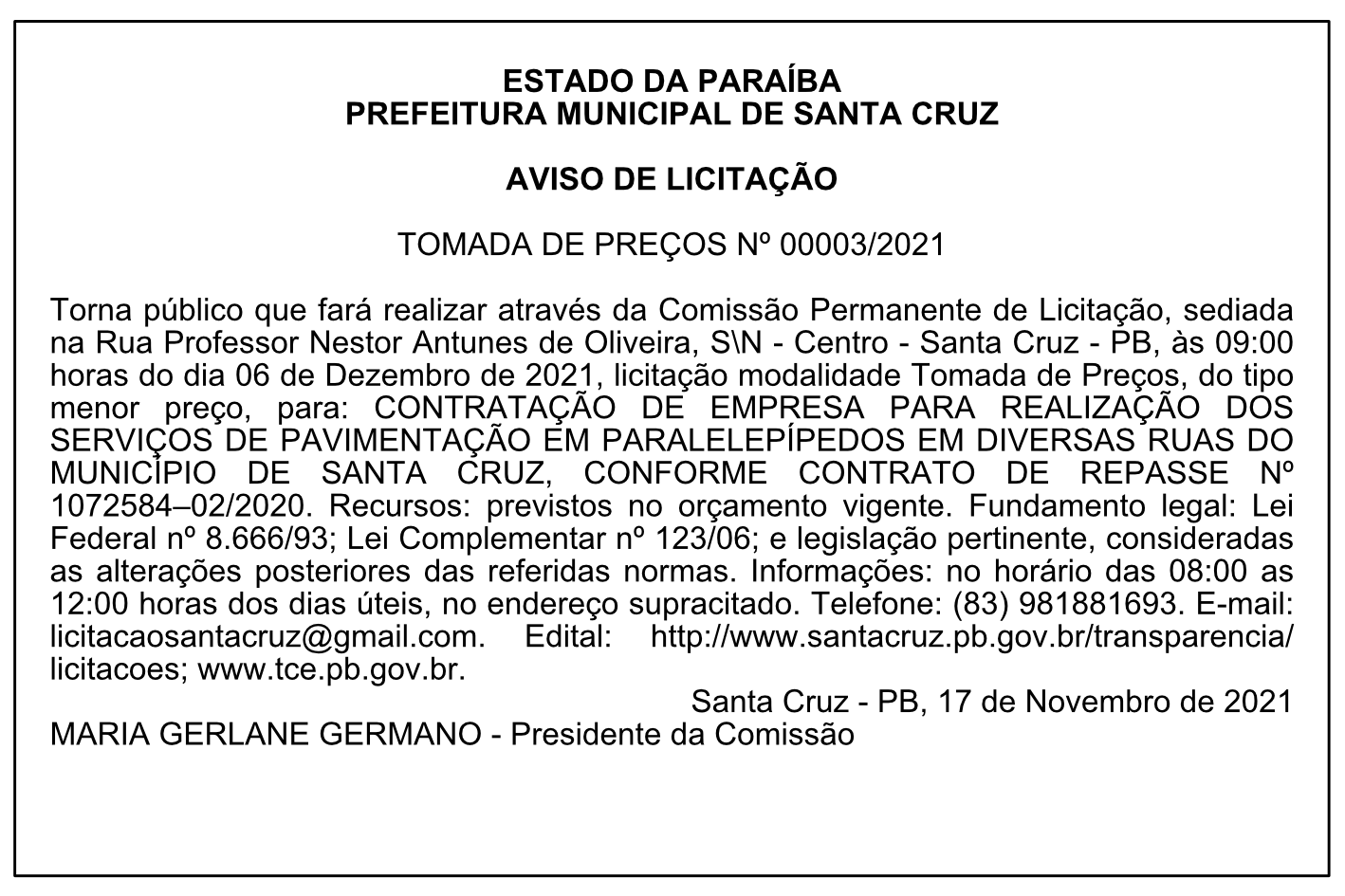 PREFEITURA MUNICIPAL DE SANTA CRUZ – AVISO DE LICITAÇÃO – TOMADA DE PREÇOS Nº 00003/2021