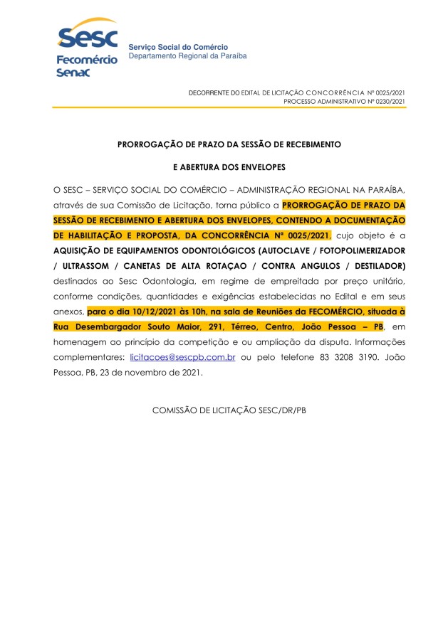 SESC – PRORROGAÇÃO DE PRAZO DA SESSÃO DE RECEBIMENTO E ABERTURA DOS ENVELOPES