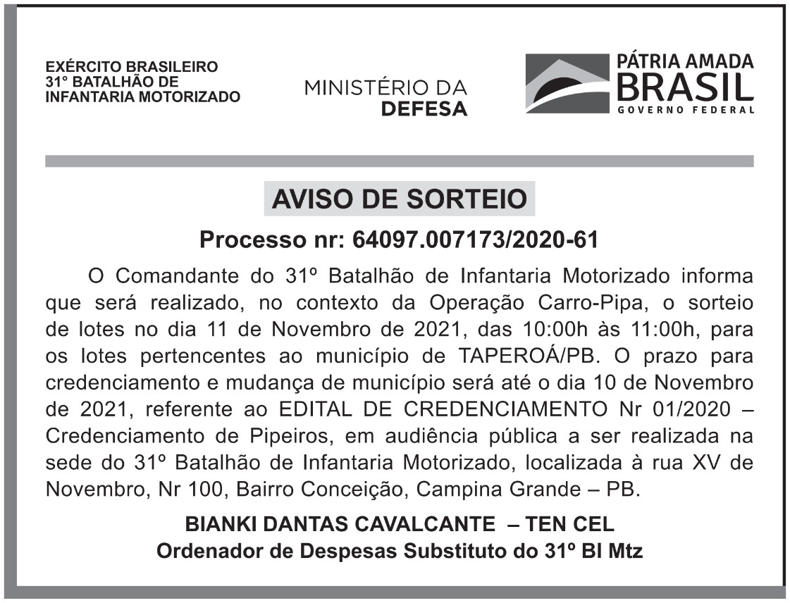 31° BATALHÃO DE INFANTARIA MOTORIZADO – AVISO DE SORTEIO – Processo Nº 64097.007173/2020-61