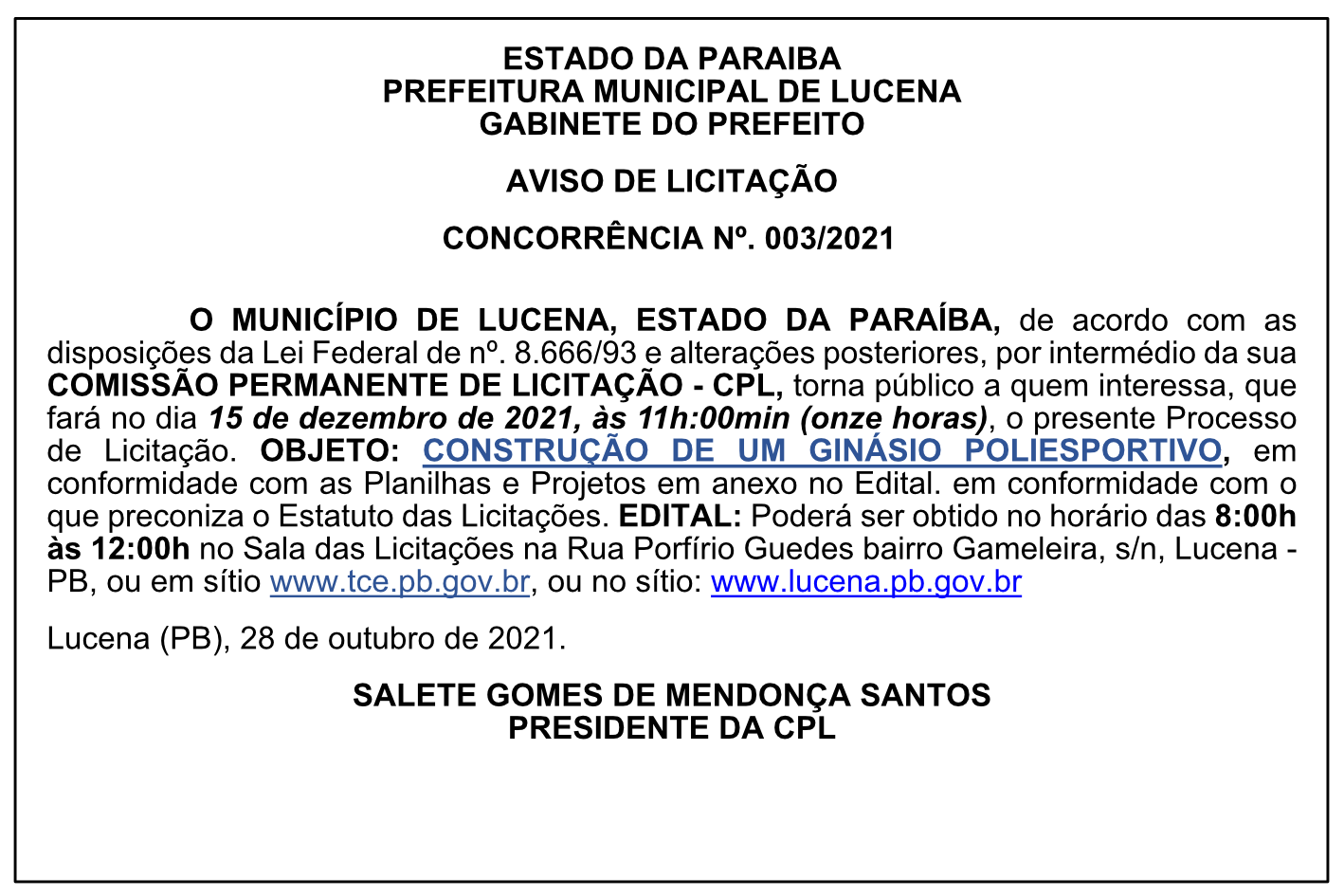 PREFEITURA MUNICIPAL DE LUCENA – GABINETE DO PREFEITO – AVISO DE LICITAÇÃO – CONCORRÊNCIA Nº. 003/2021