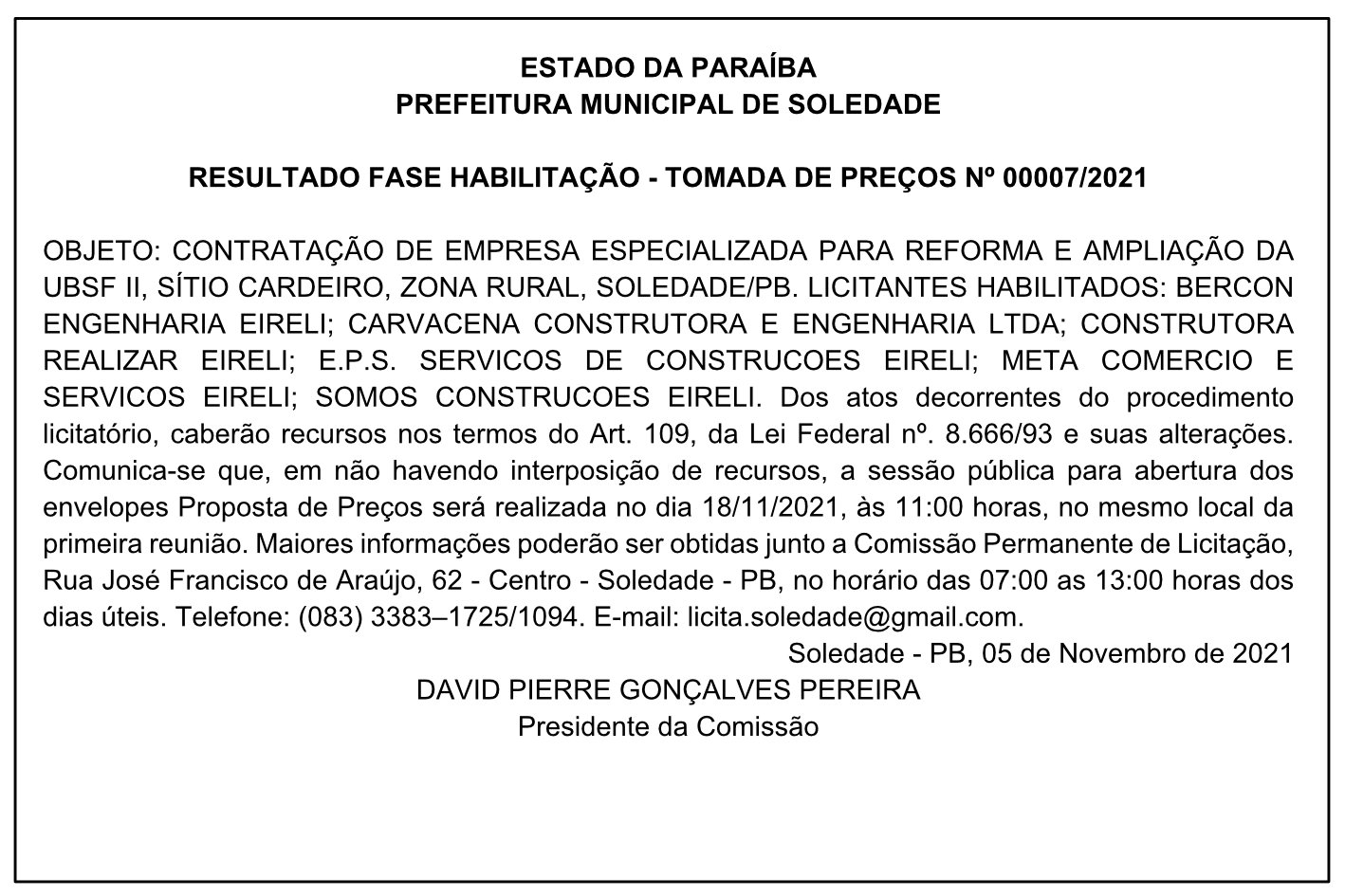 PREFEITURA MUNICIPAL DE SOLEDADE – RESULTADO FASE HABILITAÇÃO – TOMADA DE PREÇOS Nº 00007/2021