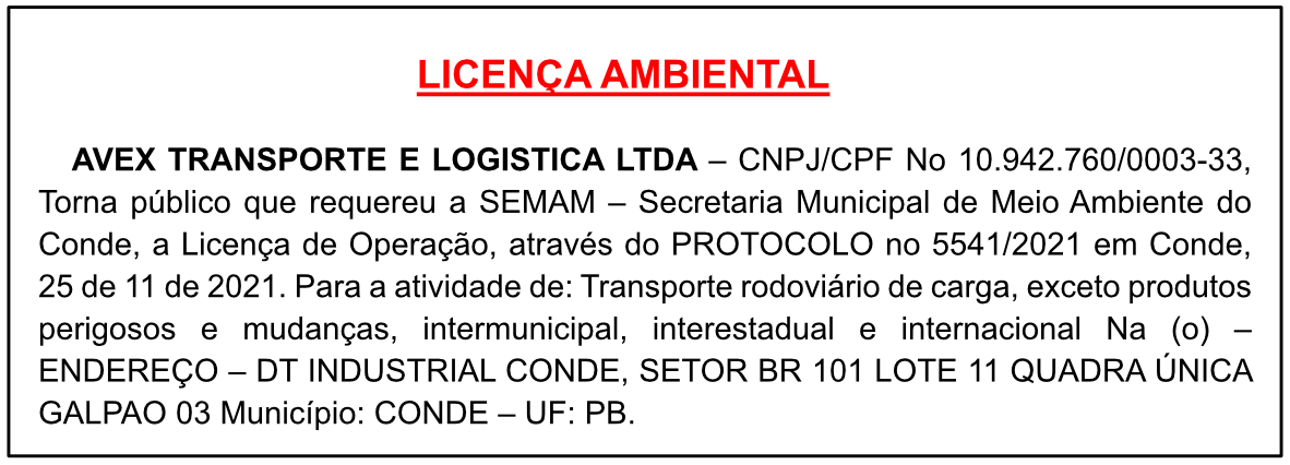 AVEX TRANSPORTE E LOGISTICA LTDA – LICENÇA AMBIENTAL