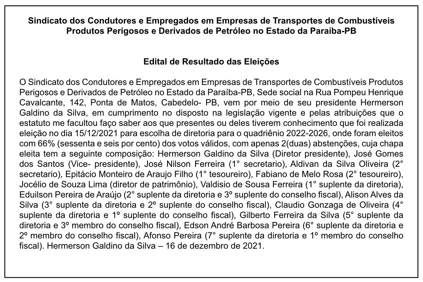 SINDCONPETRO/PB – Edital de Resultado das Eleições