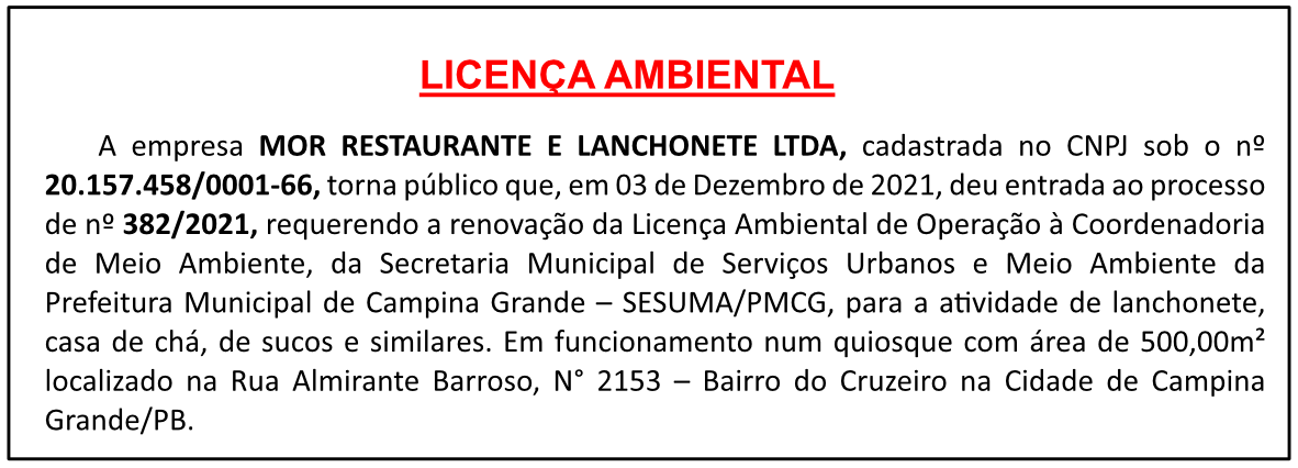 MOR RESTAURANTE E LANCHONETE LTDA – LICENÇA AMBIENTAL