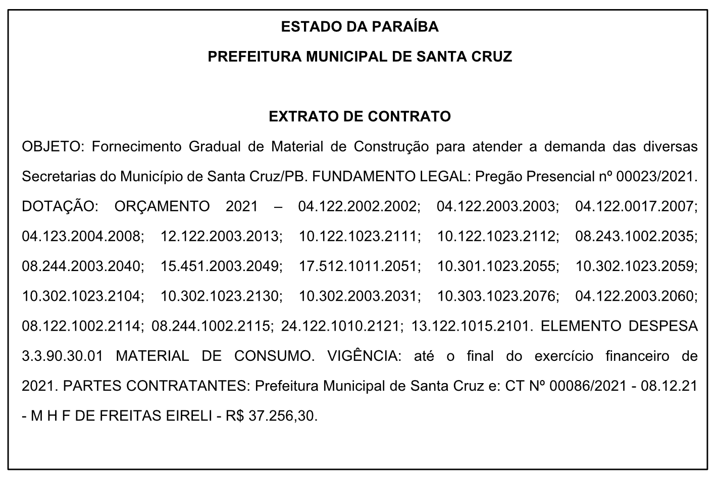 PREFEITURA MUNICIPAL DE SANTA CRUZ  – EXTRATO DE CONTRATO
