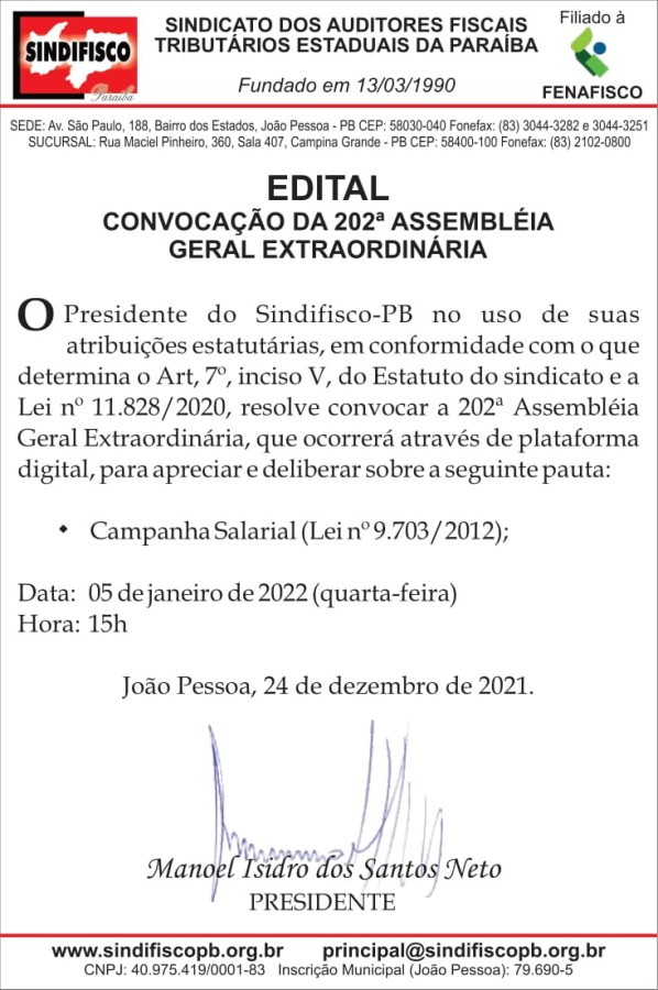 SINDIFISCO/PB – EDITAL DE CONVOCAÇÃO DA 202ª ASSEMBLEIA GERAL EXTRAORDINÁRIA