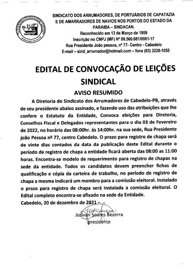 SINDACAN – EDITAL DE CONVOVAÇÃO DE ELEIÇÕES SINDICAIS