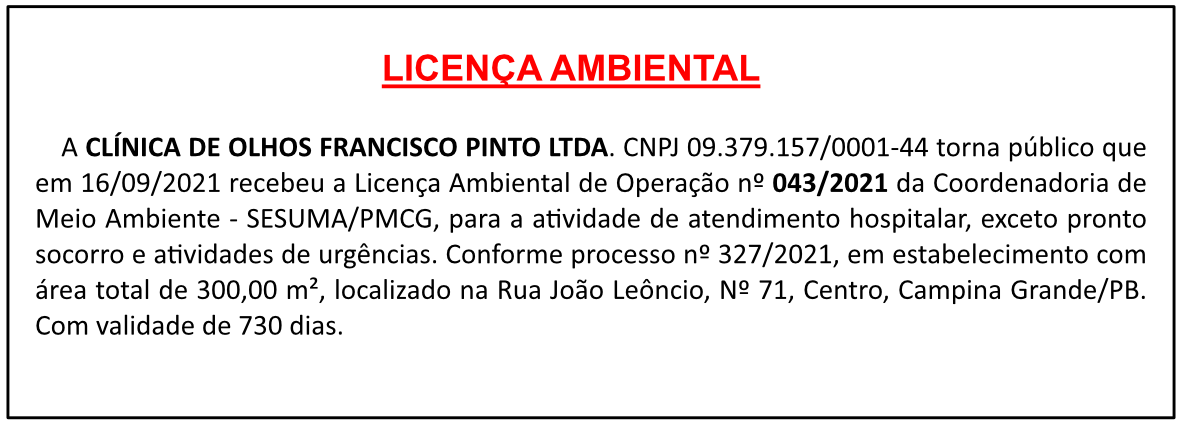 CLÍNICA DE OLHOS FRANCISCO PINTO LTDA – LICENÇA AMBIENTAL