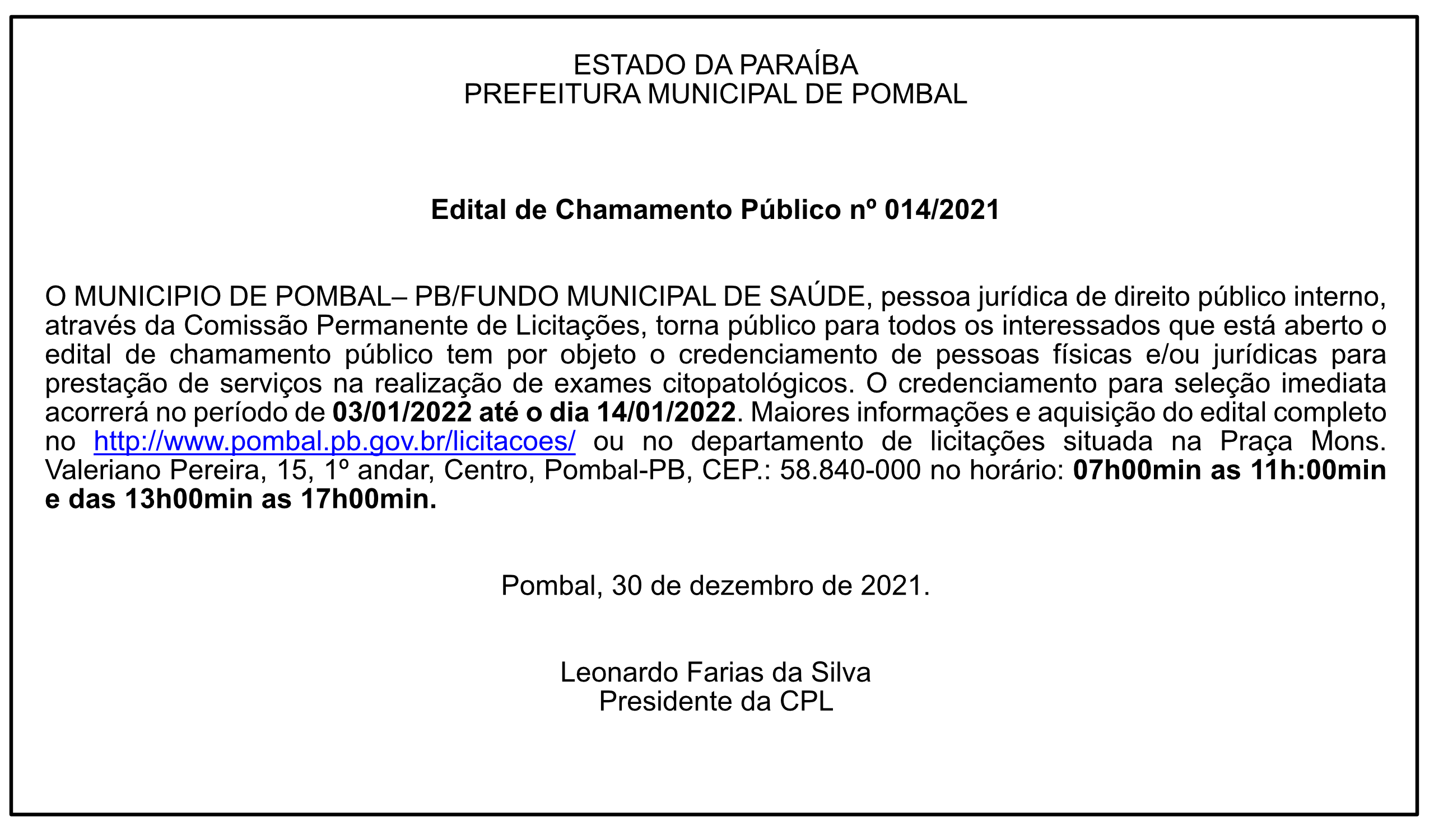PREFEITURA MUNICIPAL DE POMBAL – Edital de Chamamento Público nº 014/2021
