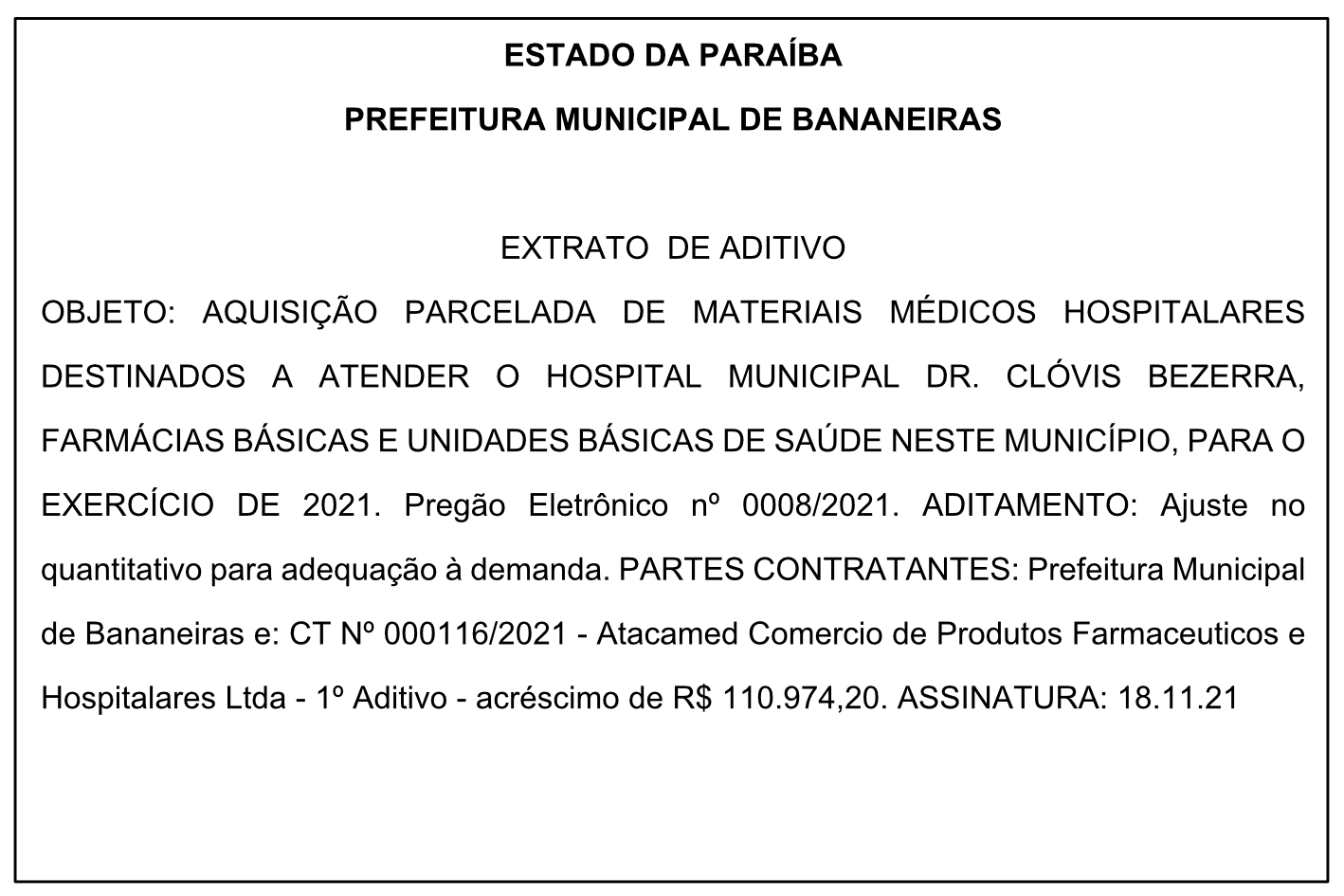 PREFEITURA MUNICIPAL DE BANANEIRAS – EXTRATO DE ADITIVO