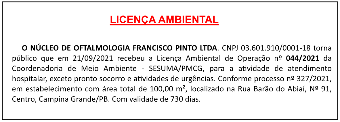 NÚCLEO DE OFTALMOLOGIA FRANCISCO PINTO LTDA – LICENÇA AMBIENTAL