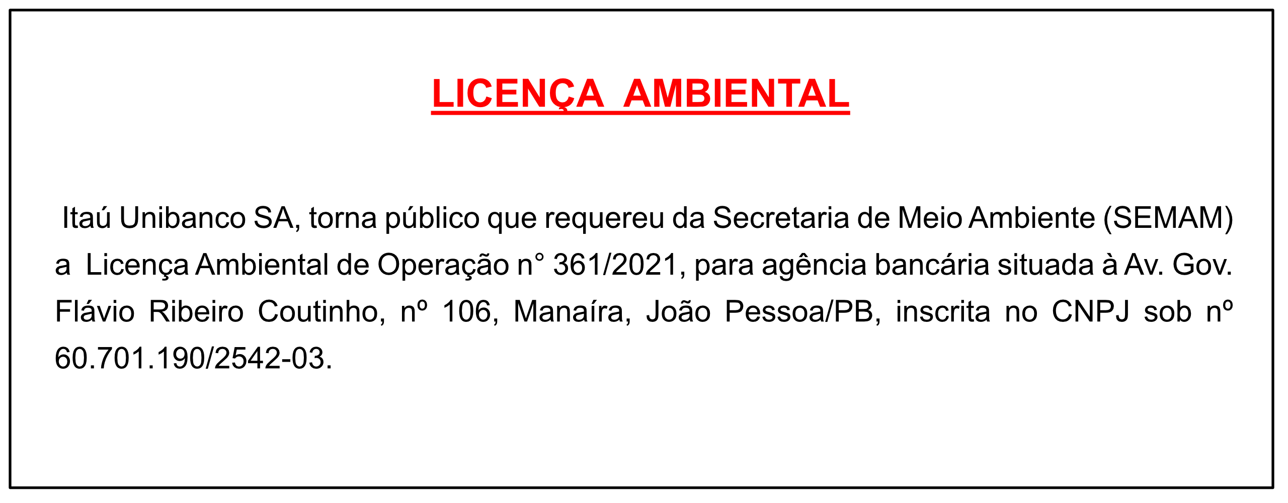 Itaú Unibanco SA – Licença Ambiental