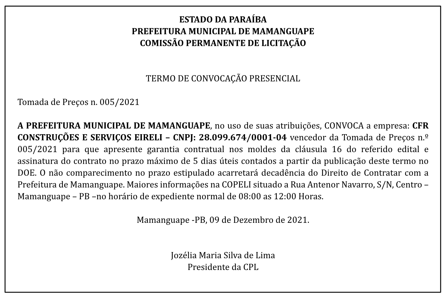 PREFEITURA MUNICIPAL DE MAMANGUAPE – COMISSÃO PERMANENTE DE LICITAÇÃO – TERMO DE CONVOCAÇÃO PRESENCIAL – TOMADA DE PREÇOS Nº 005/2021