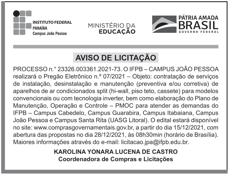 IFPB João Pessoa – Edital – Pregão Eletrônico N.º 07/2021