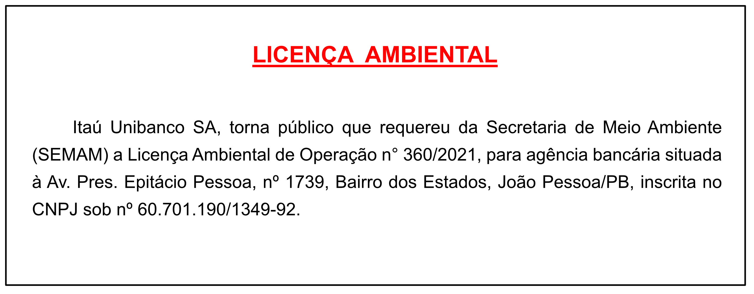 Itaú Unibanco SA – Licença Ambiental