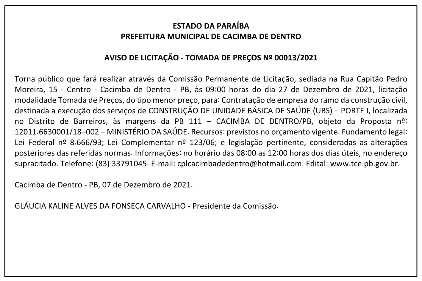 PREFEITURA MUNICIPAL DE CACIMBA DE DENTRO – AVISO DE LICITAÇÃO – TOMADA DE PREÇOS Nº 00013/2021