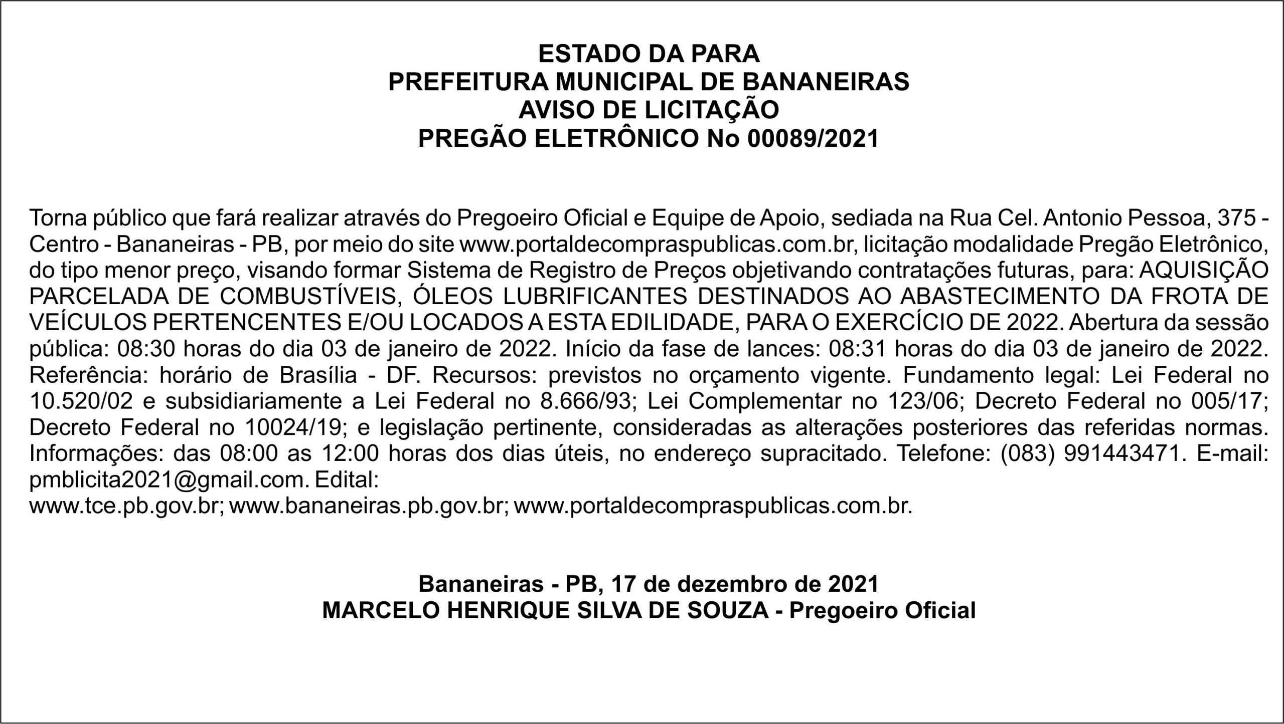 PREFEITURA MUNICIPAL DE BANANEIRAS – AVISO DE LICITAÇÃO – PREGÃO ELETRÔNICO Nº 00089/2021