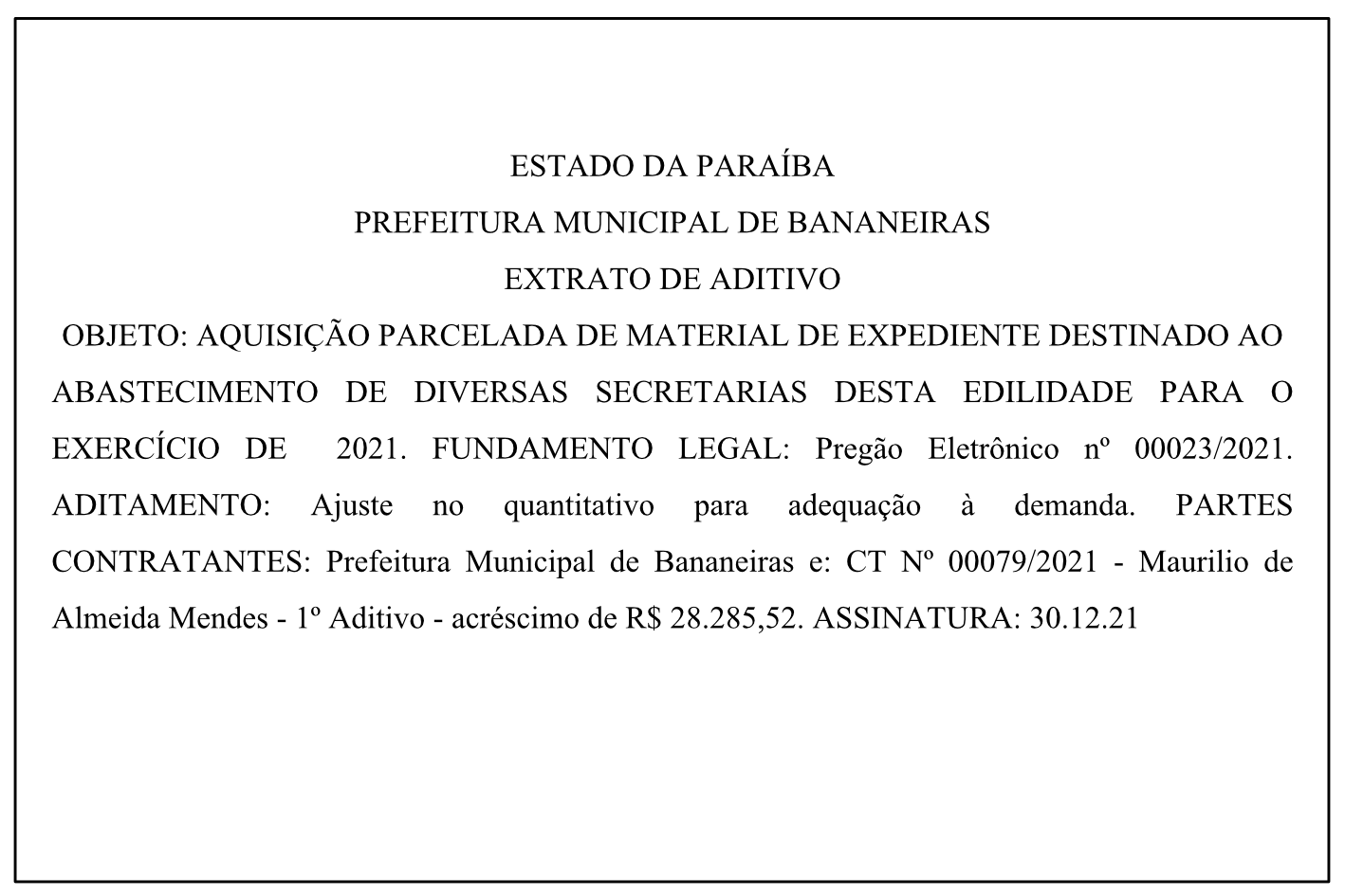PREFEITURA MUNICIPAL DE BANANEIRAS – EXTRATO DE ADITIVO