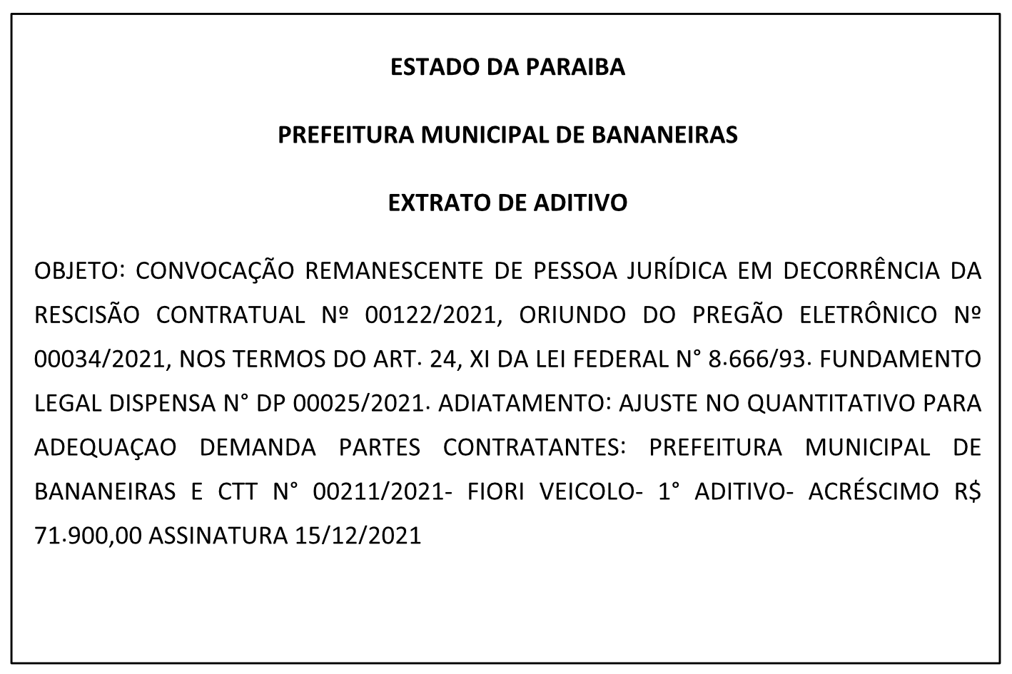 PREFEITURA MUNICIPAL DE BANANEIRAS – EXTRATO DE ADITIVO