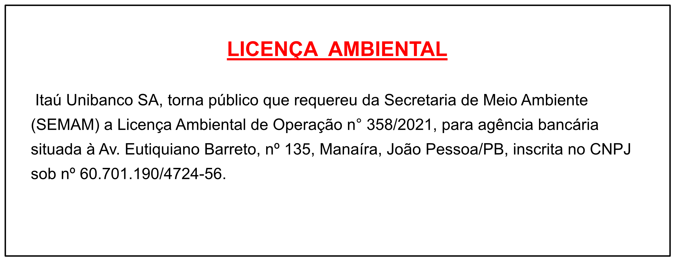 Itaú Unibanco SA – Licença Ambiental