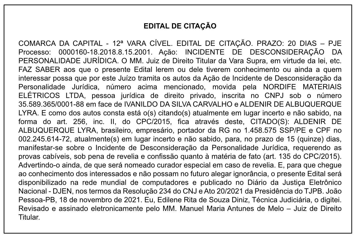 PJE Processo: 0000160-18.2018.8.15.2001- EDITAL DE CITAÇÃO